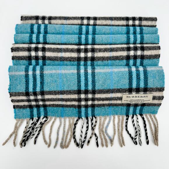 Burberry Scarf Lambswool Authentic Wool Blue Plaid Nova Check Winter Fringe Tan - Picture 8 of 9